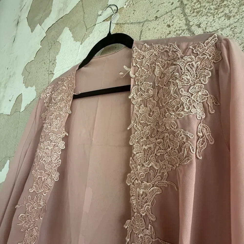 Kimono Robe Duster Long Embroidered‎ Lace Trim Romantic Sheer Blush Pink - Picture 4 of 6